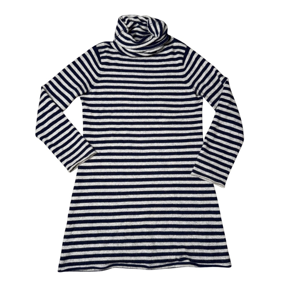 AQUA Cashmere Sweater Dress Womens Large Navy Gray Striped Turtleneck Excellent